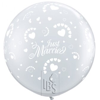 Latexballon just married hearts doorzichtig - 36 inch = 90cm